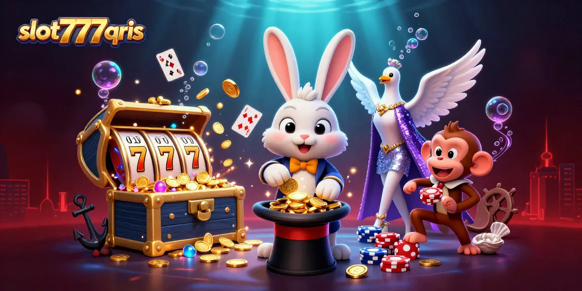 Spin and win big with slot777qris as the magician rabbit showcases winning coins in a vibrant casino scene.
