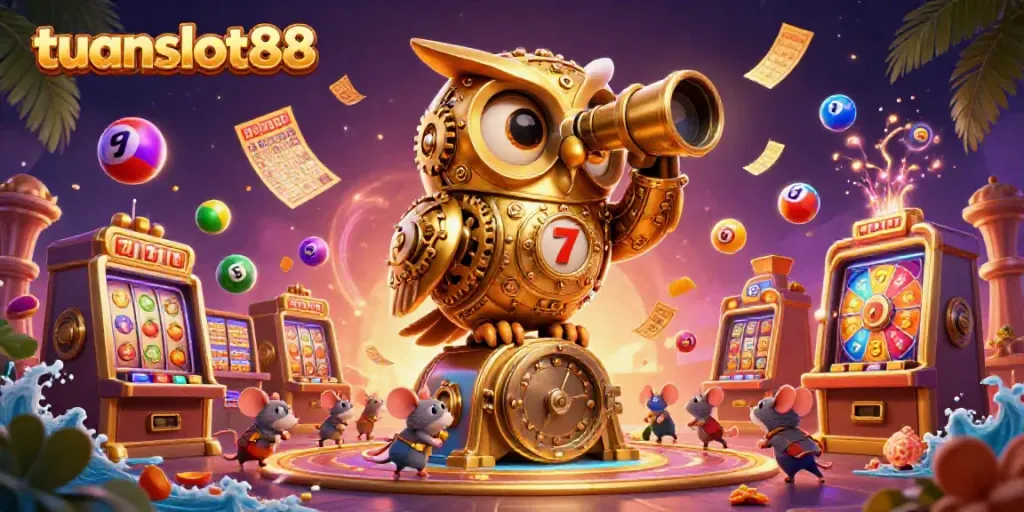 Permainan seru di tuanslot88 dengan mesin slot, jackpot, dan simbol keberuntungan yang memukau.