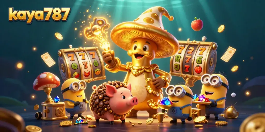 Kaya787 showcases a whimsical golden mushroom wizard transforming the casino scene with vibrant slot elements and treasures.