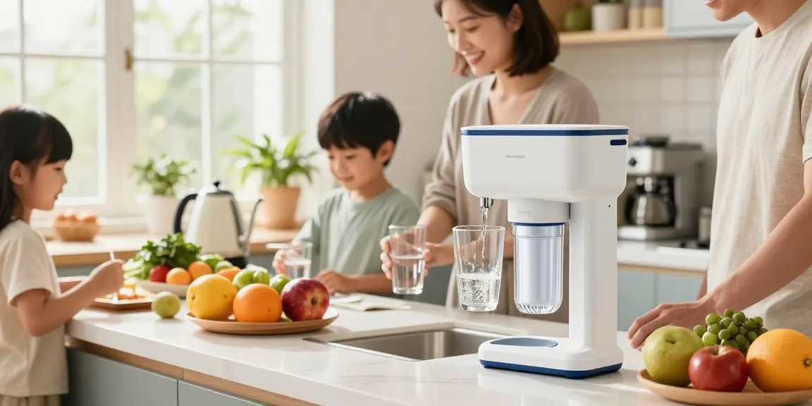 Family enjoying filtered water from an AQUA CREST Alkaline Faucet Water Filter in a bright kitchen.
