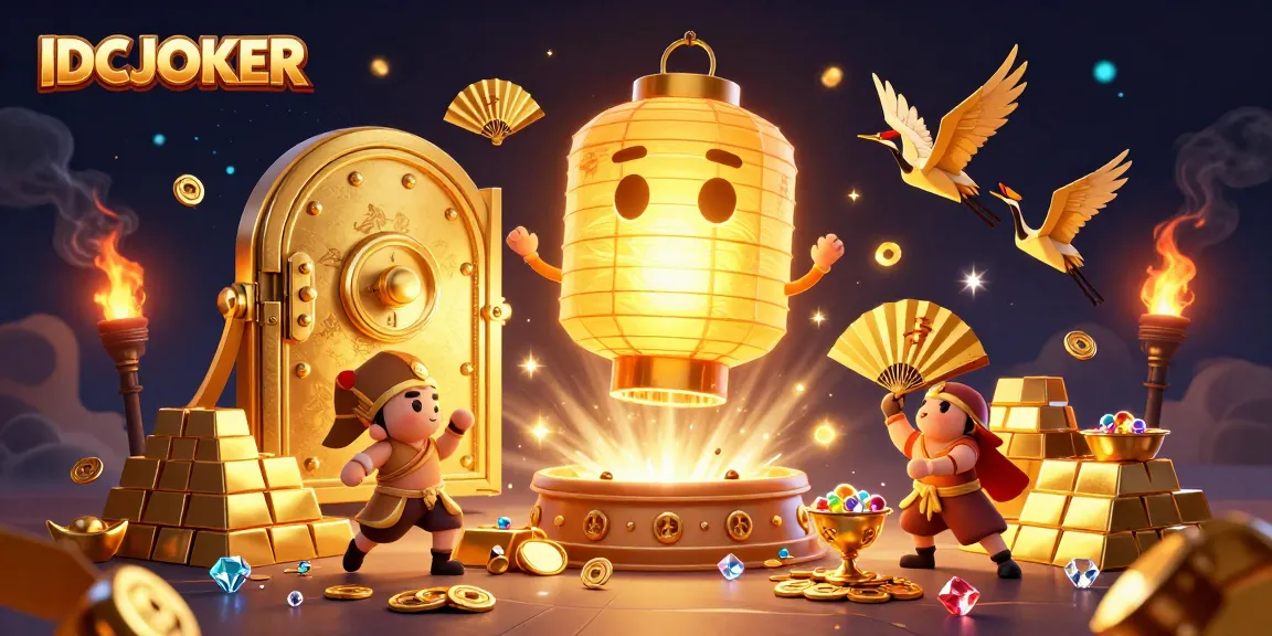 Experience winning strategies with IDCJOKER in a vibrant 3D casino scene filled with treasures and lucky symbols.