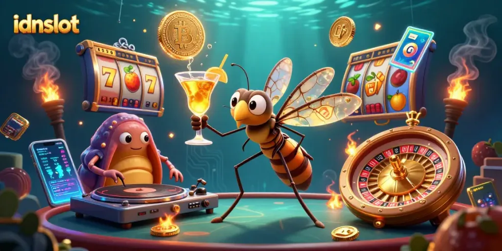 Engage in thrilling idnslot action with vibrant scenes of casino excitement featuring classic slot elements.