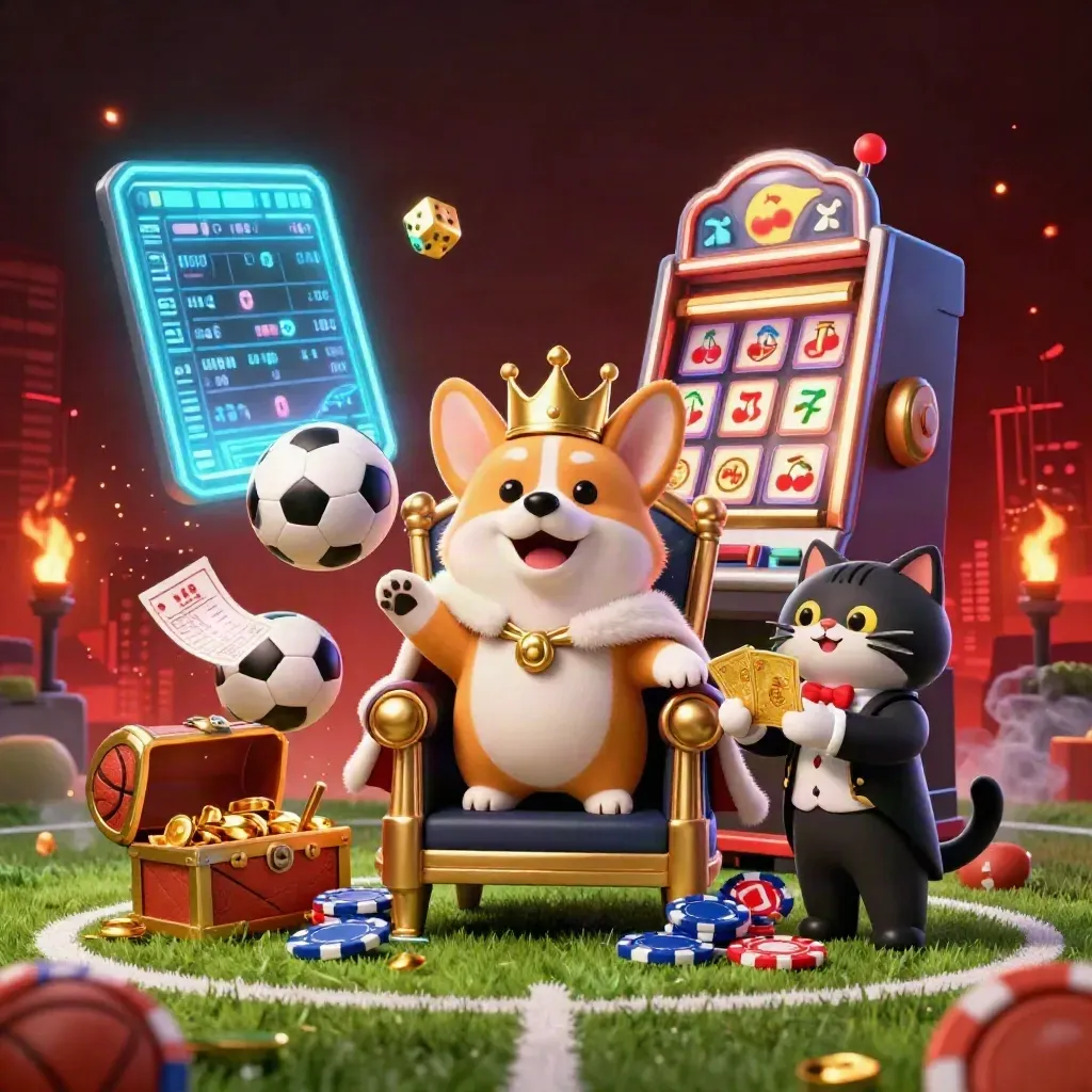 Crowned corgi and cat butler amid exploding slots, chips, and a frozen soccer ball in neon light