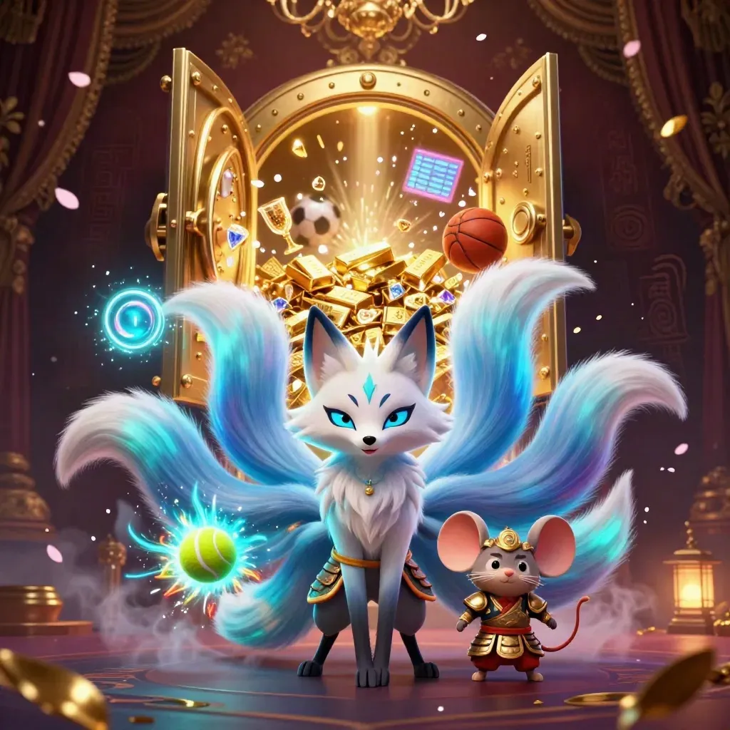 Neon fox spirit and armored mouse amid gold loot, tennis ball burst, and casino glow