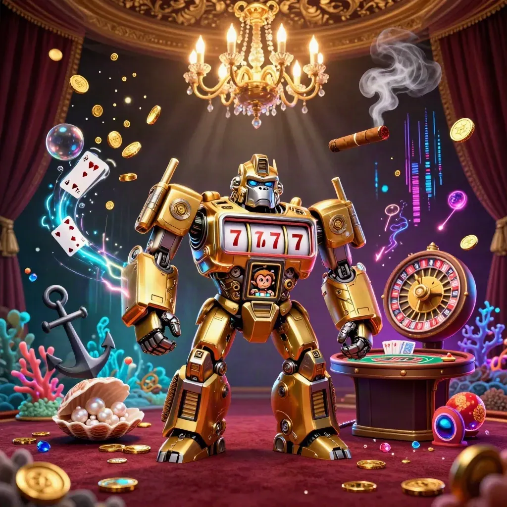 Golden gorilla mech with tiny monkey pilot amid casino treasure, coral, coins, and neon energy