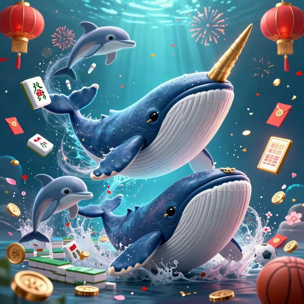 Cartoon whale, narwhal, and dolphins burst through coins with casino icons underwater.