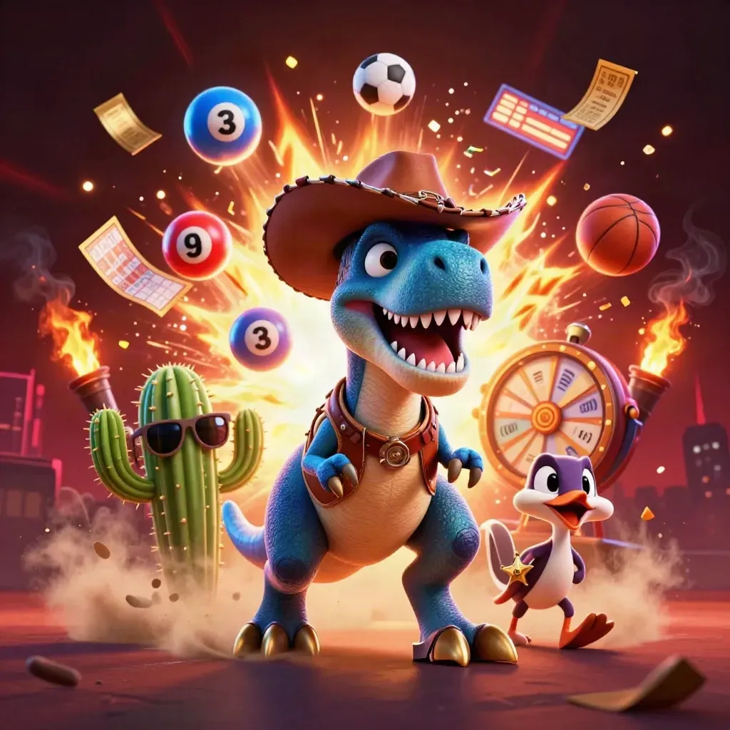Cowboy T-Rex, cactus and roadrunner burst amid casino balls, wheel, tickets, ember glow.