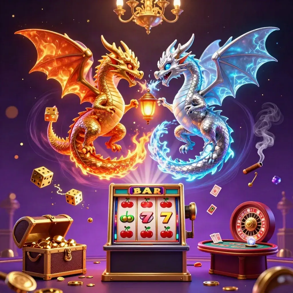 Twin gold and silver dragons swirl amid slot bursts, dice, cards, and cyan casino magic.