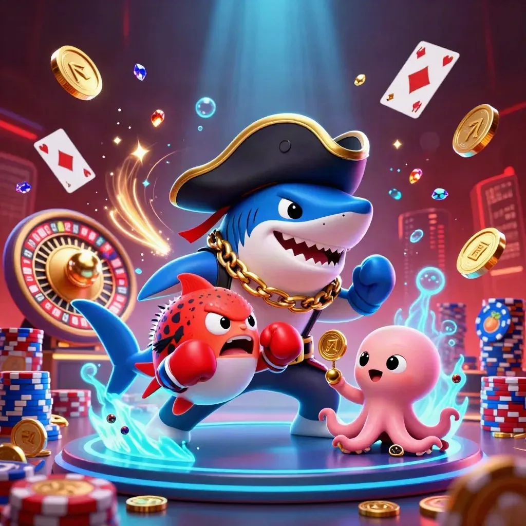 Shark pirate, boxing pufferfish, and coin-juggling octopus amid casino riches