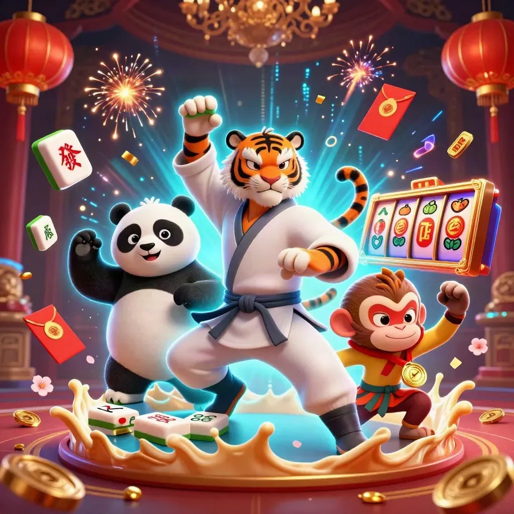Tiger, panda, and monkey casino key art amid neon coins, lanterns, and gold bursts.