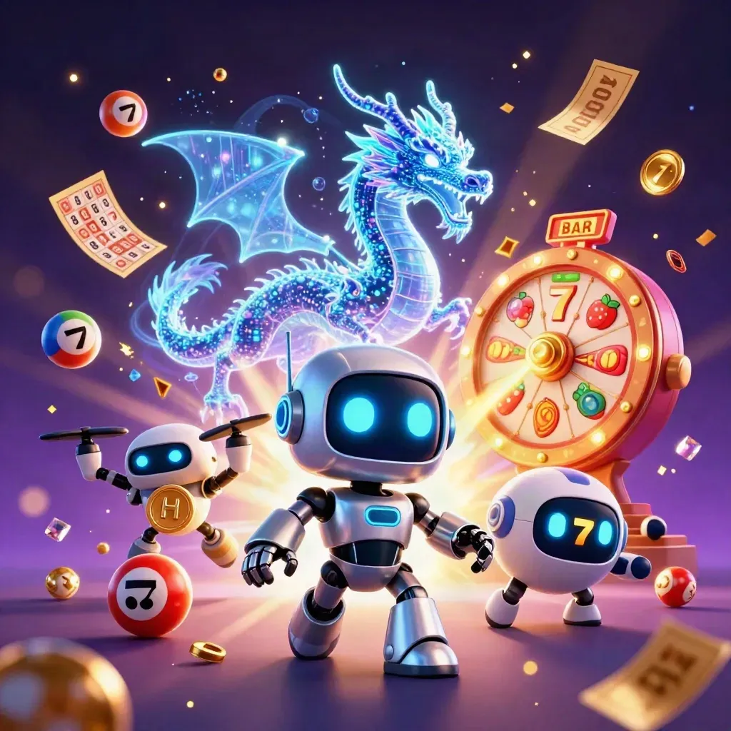 Cyberpunk robot, holographic dragon, and drone amid exploding casino and lottery loot