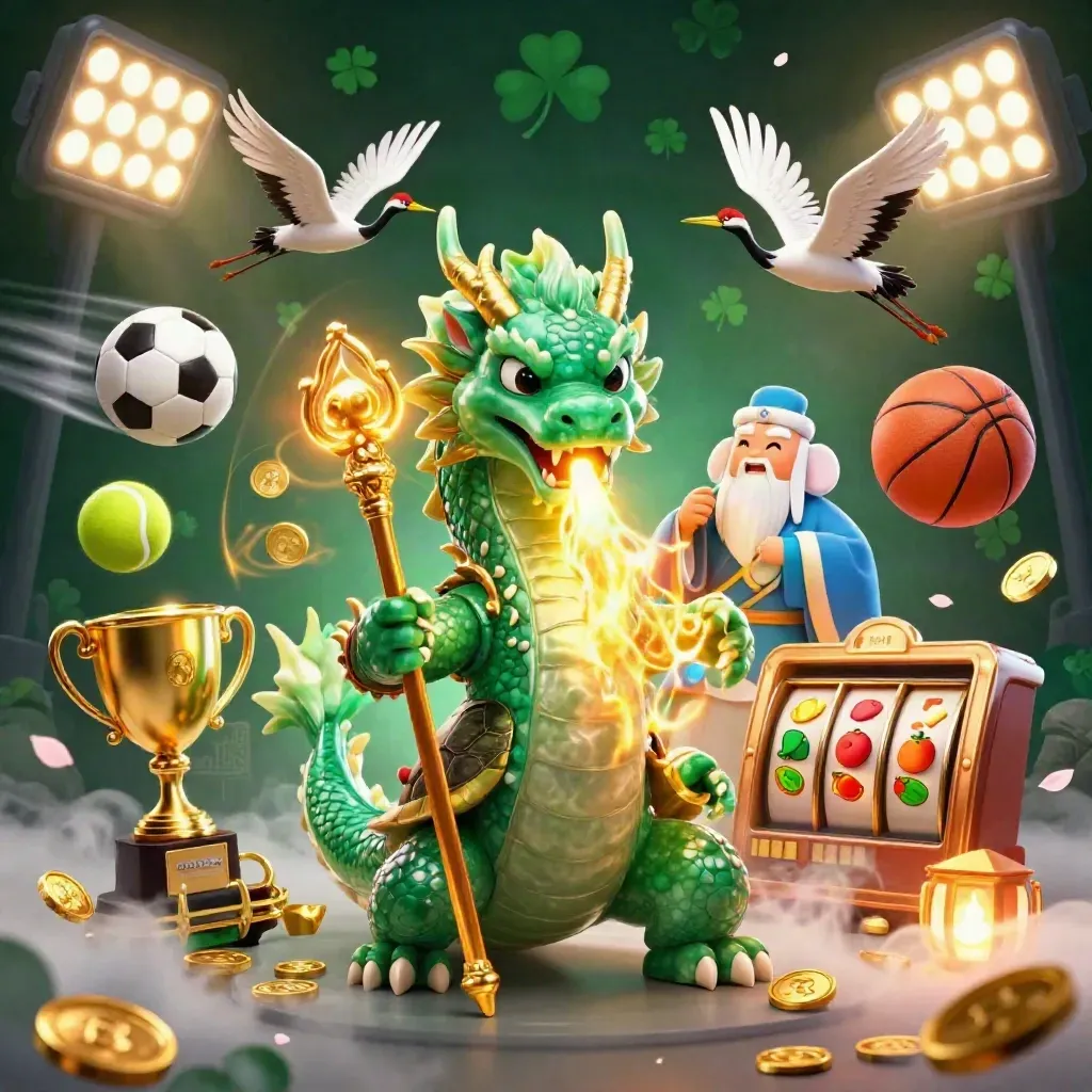 Jade dragon, turtle sage, and cranes amid fire, coins, sports balls, and neon casino magic.