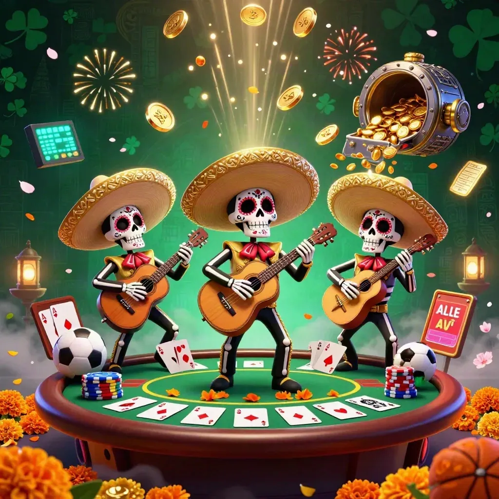 Skeleton mariachi trio amid poker chips, treasure bursts, and neon casino celebrations.