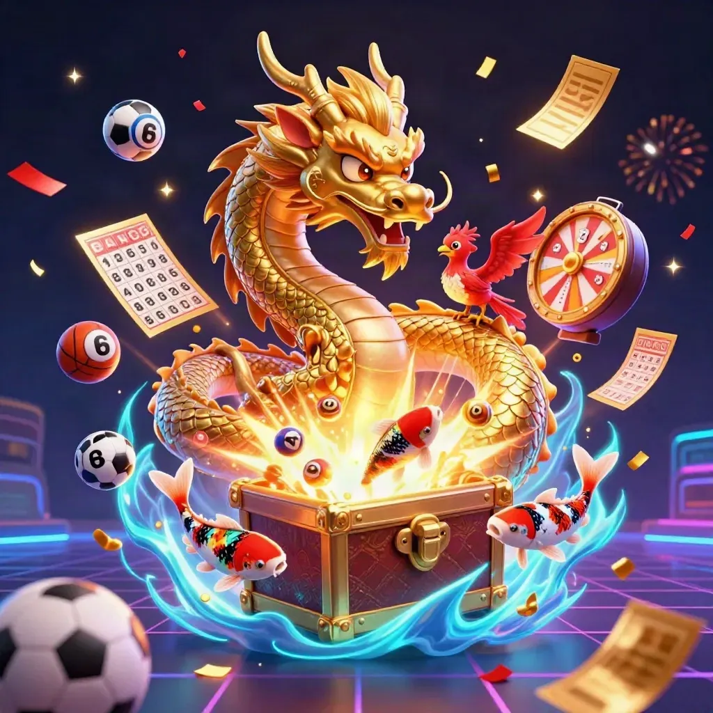 Golden dragon, phoenix and koi erupt from a treasure chest amid coins, wheels, balls and fireworks.