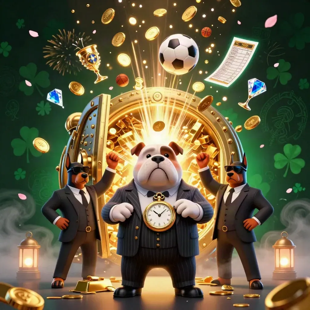 Bulldog mob boss and Doberman guards burst from a glowing vault amid gold, gems and neon casino light.