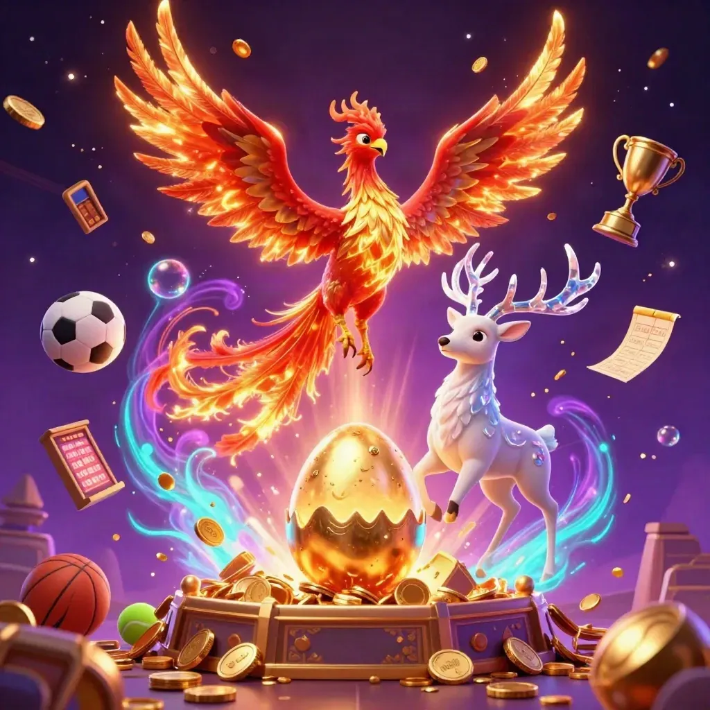 Phoenix, baby phoenix, and crystal-antlered stag amid coins, trophy, balls, and fireworks.