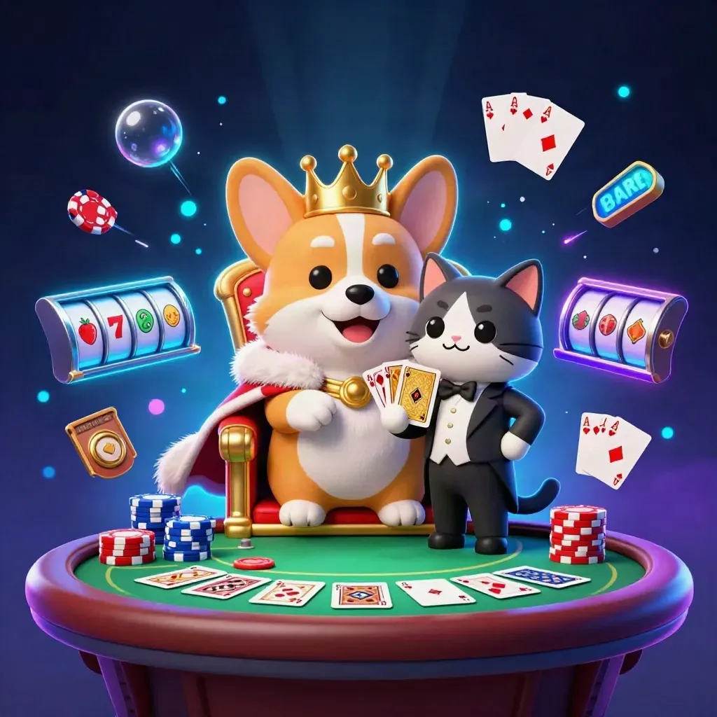 Royal corgi on chip throne with cat butler, cards, reels, and neon blue casino glow.