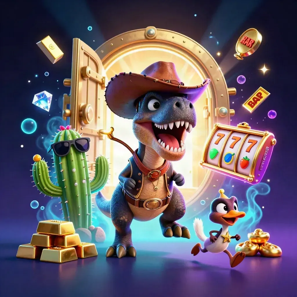 Cowboy T-Rex, cactus sidekick, and sheriff roadrunner burst from a glowing treasure vault.
