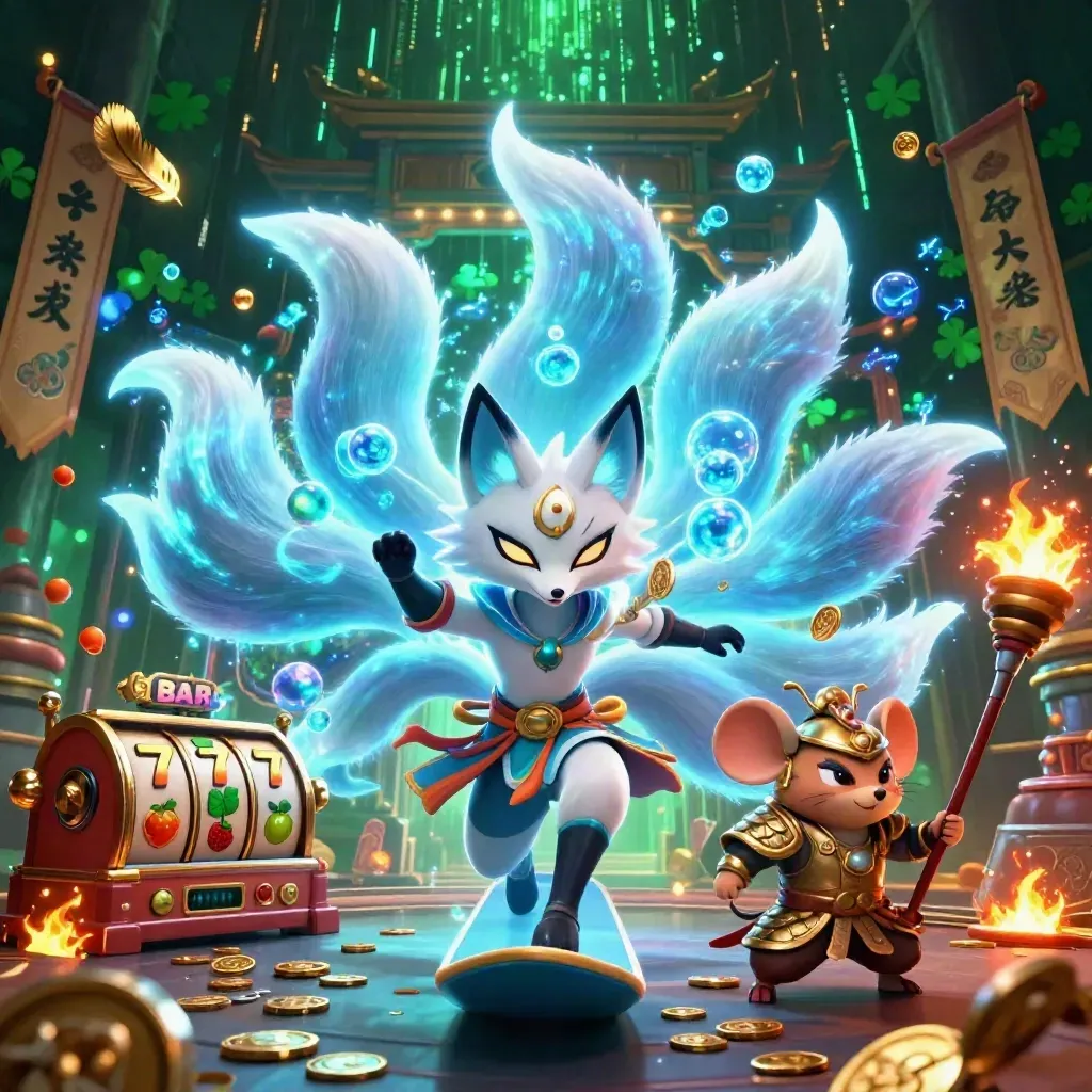Neon fox spirit and golden mouse amid casino relics, sparks, reels and a dark emerald cyber backdrop.