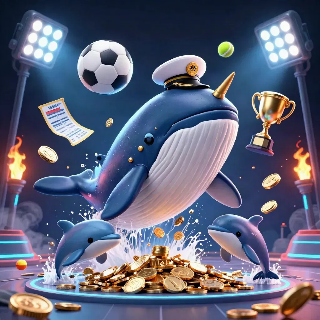 Whale captain, golden-horn narwhal and chip-trick dolphins amid coins, balls and neon casino lights