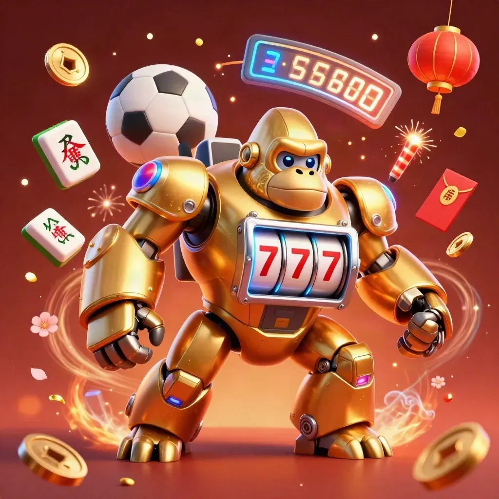 Golden gorilla mech with tiny pilot, casino symbols, fireworks, and neon blue glow.