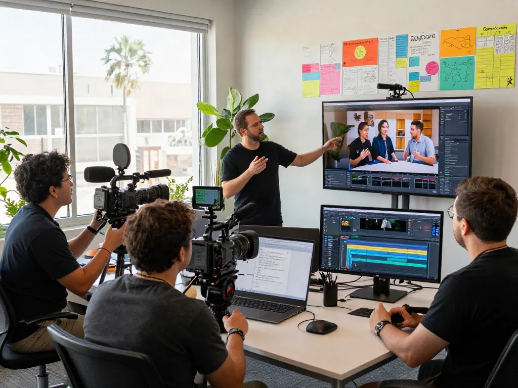 testimonials video production Orange County, California team collaborating in studio with professional equipment