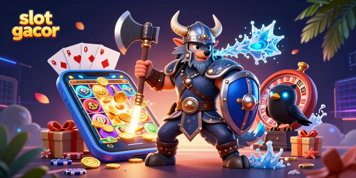 Engage with slot gacor games in this vibrant illustration featuring a Viking wolf warrior, fierce dragon, and exciting casino elements.