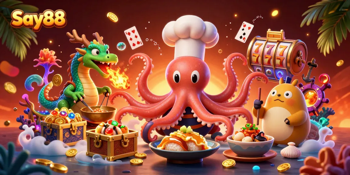 Engage with thrilling casino adventures at Say88 featuring a whimsical octopus chef and dragon.