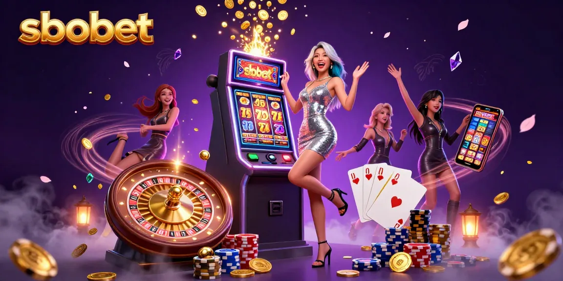 Experience sbobet betting excitement with a celebratory Asian woman at a jackpot slot machine surrounded by casino elements.