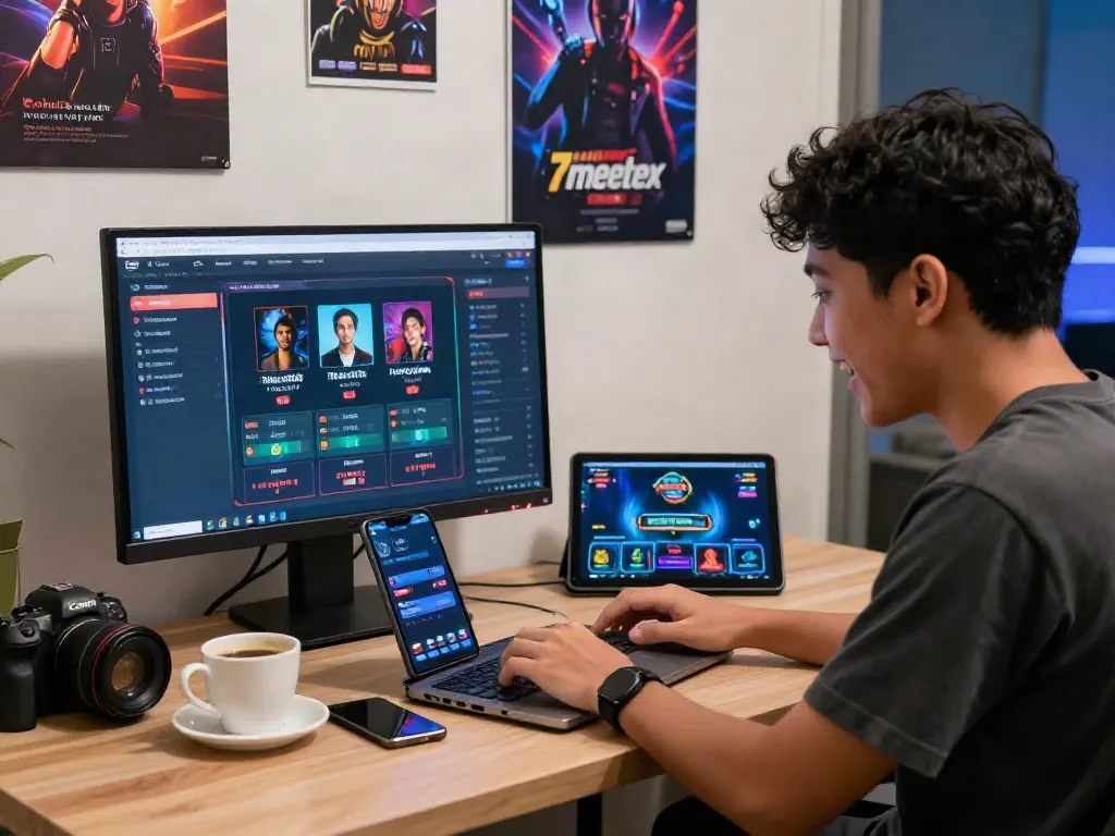 Pengguna aktif taruhan online menggunakan link alternatif 7meter di laptop dengan suasana menyenangkan dan peralatan modern.