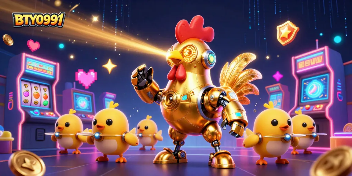 Engage with BTY0991's vivid 3D casino atmosphere full of arcade machines and a golden rooster robot.