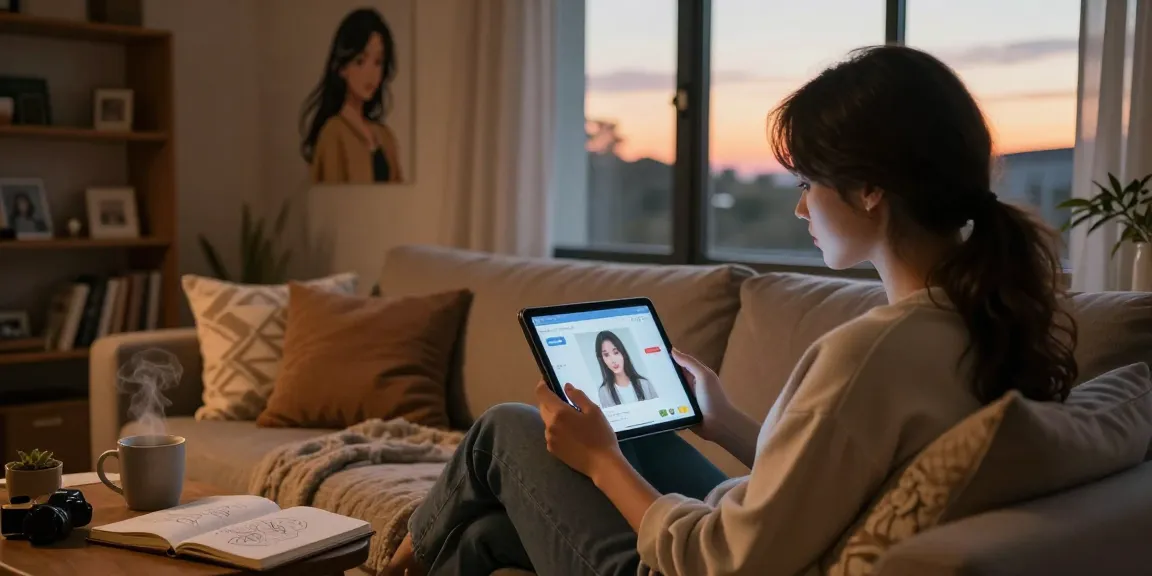 Engaging conversation with an AI girlfriend in a cozy living room, showcasing a virtual connection