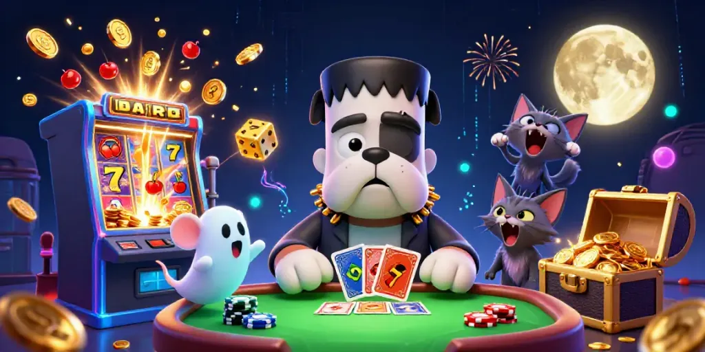 Engage with the thrilling mmoo casino scene featuring a Frankenstein bulldog and spooky elements.