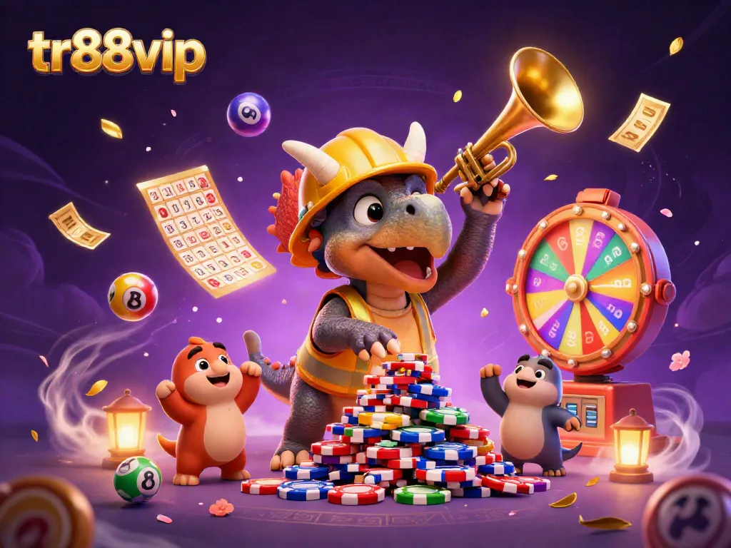 Experience the excitement of tr88vip as the triceratops builds a festive poker chip pyramid with joyous celebration!