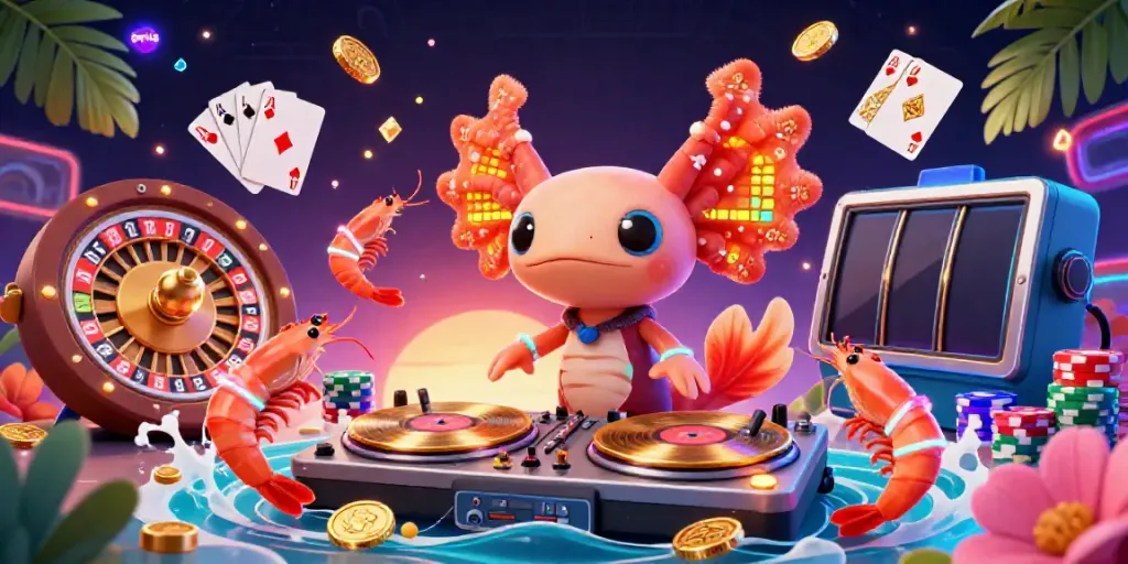 Permainan slot di gwp168 menampilkan DJ axolotl dalam suasana kasino bawah laut yang berwarna-warni.