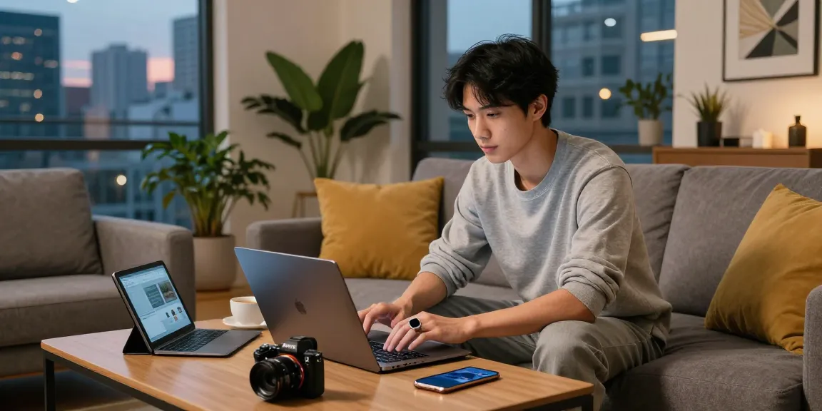 Stylish young professional using a smart ring while working on a laptop in a modern apartment.