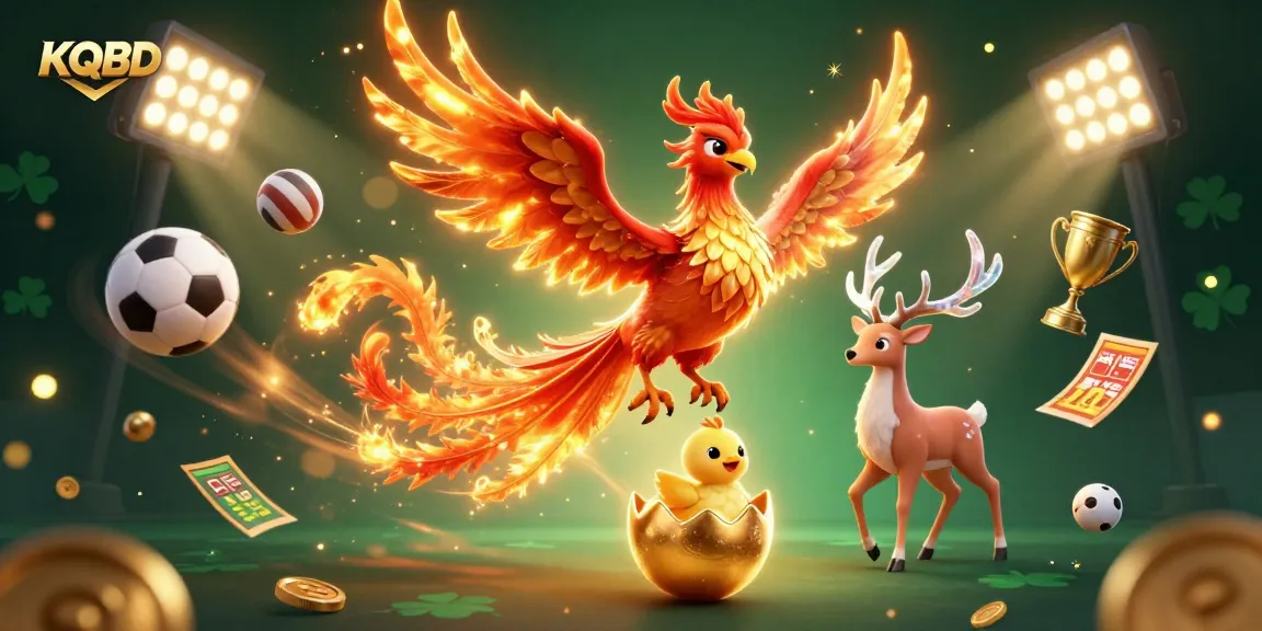 KQBD showcases the thrilling energy of sports betting with a phoenix rising, vibrant sports balls, and a mystical stag.