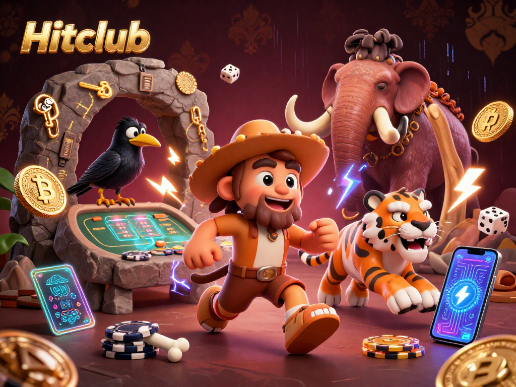 Hitclub's prehistoric casino scene showcases a caveman and sabertooth tiger gaming with crypto.