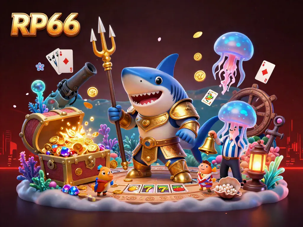 Engage with RP66 in a vivid underwater casino scene featuring a shark in gladiator armor.