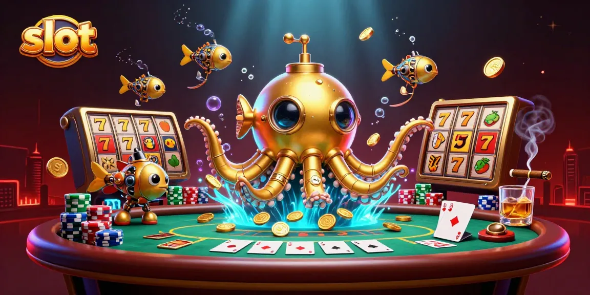 Experience the thrill of slot gameplay with dynamic golden kraken submarine emerging among coins.