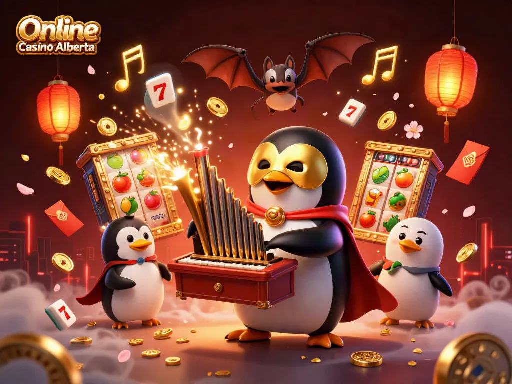 Play engaging games at Online Casino Alberta with a captivating 3D scene of festive casino elements.
