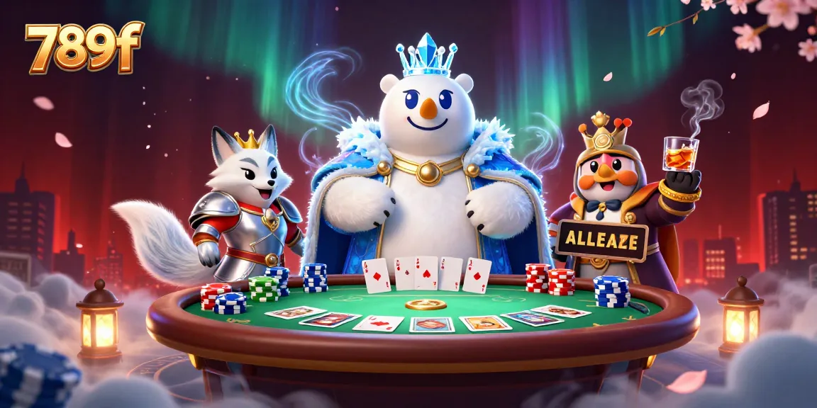Experience thrilling poker action at 789f with a regal polar bear and a mystic fox in a vibrant casino atmosphere.