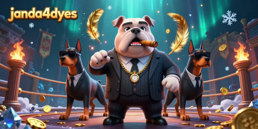 JANDA4DYES memimpin taruhan dengan bulldog mafia dan pengawal dalam arena bertema judi.
