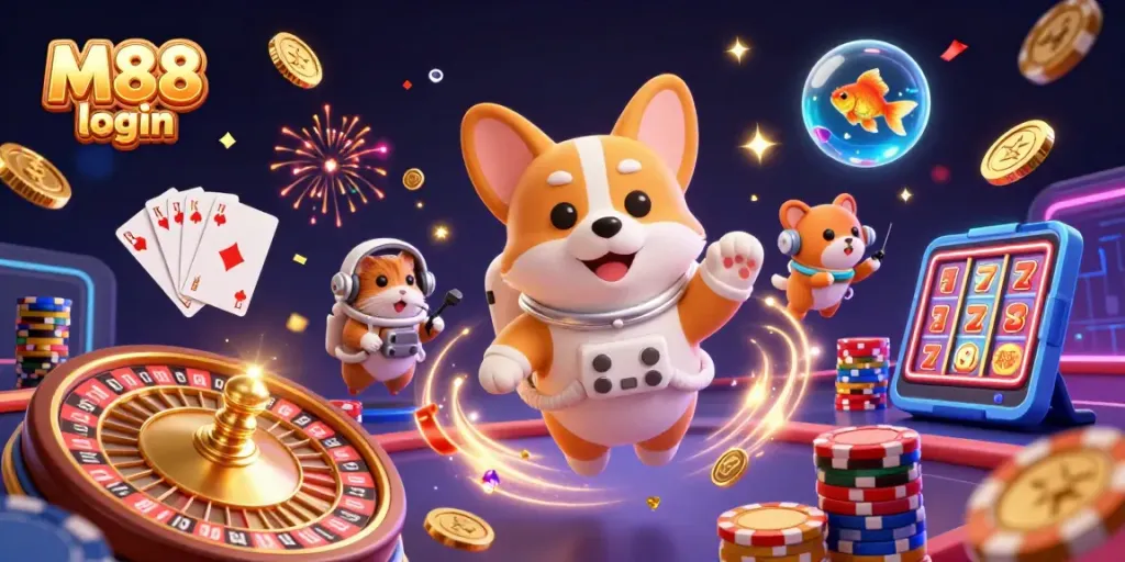 Experience M88 login with a playful scene of a corgi astronaut and a hamster giving casino instructions amidst cascading coins and poker chips.