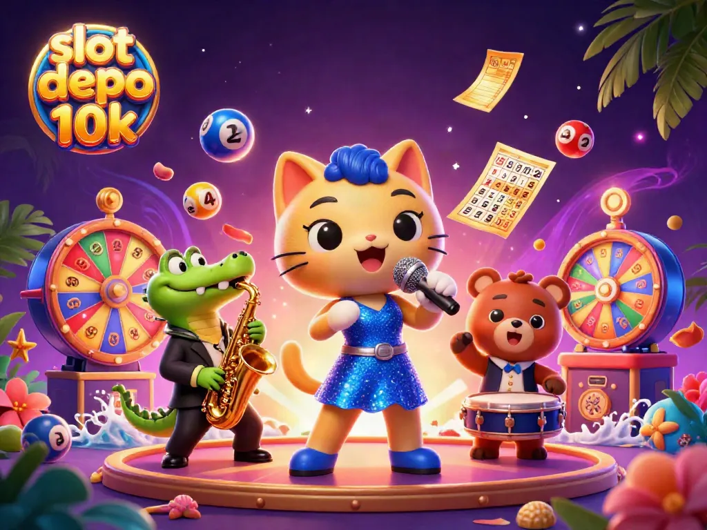 Join the excitement of slot depo 10k with vibrant characters and dynamic game elements in a lively casino scene.
