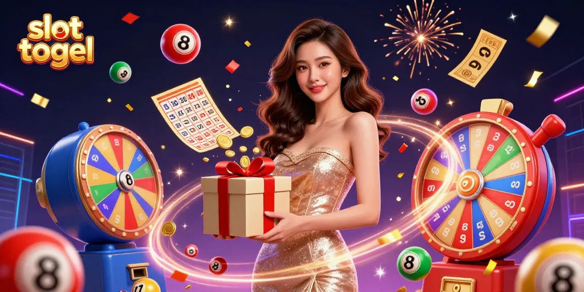 Engage in slot togel with vibrant lottery elements and a welcoming character in a festive casino scene.