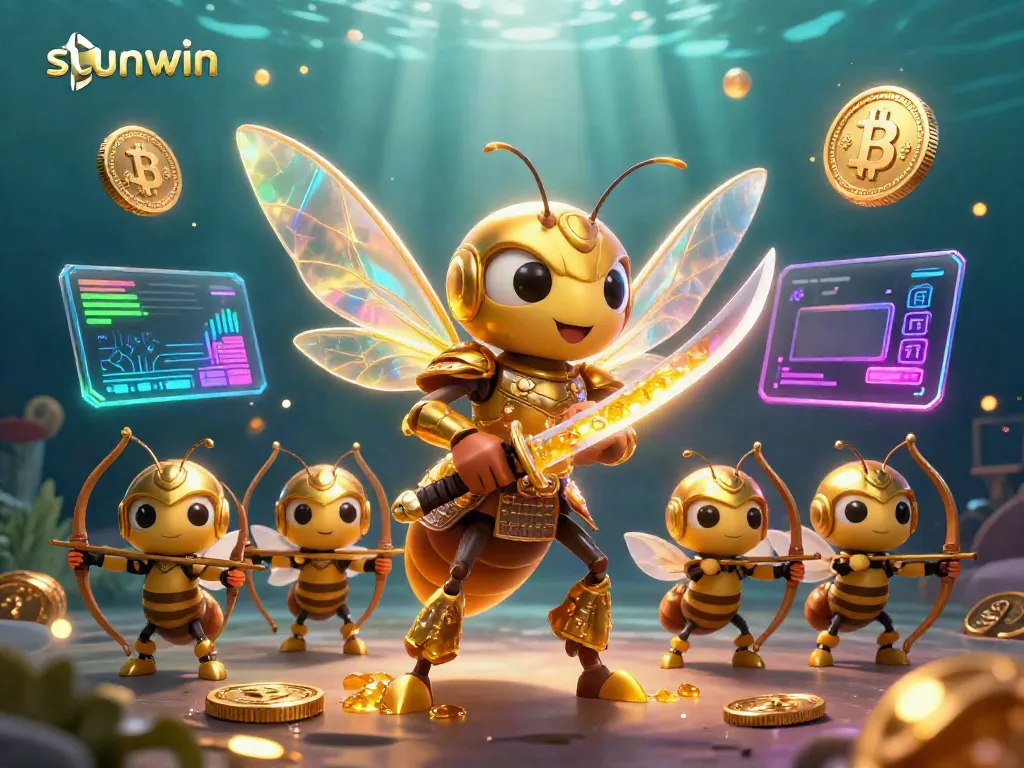 Experience thrilling gameplay with Sunwin in this dynamic casino-themed illustration featuring vibrant characters and crypto elements.
