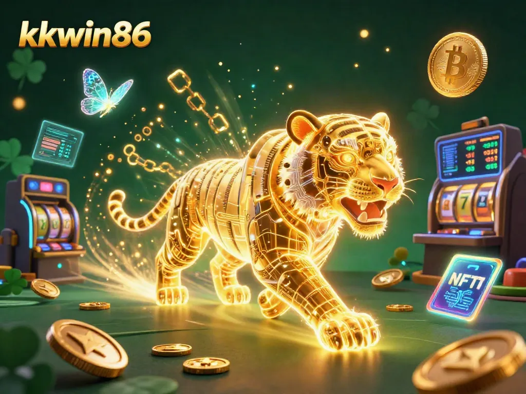 Join the digital casino adventure with kkwin86 and a neon tiger among vibrant crypto coins.