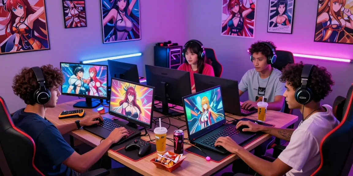 Gamers enjoying a lively session of hentai games in a colorful gaming setup.