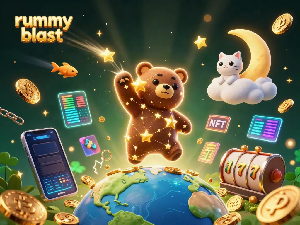Engage with rummy blast visuals showcasing constellation bear and digital coins in a vibrant casino setting.